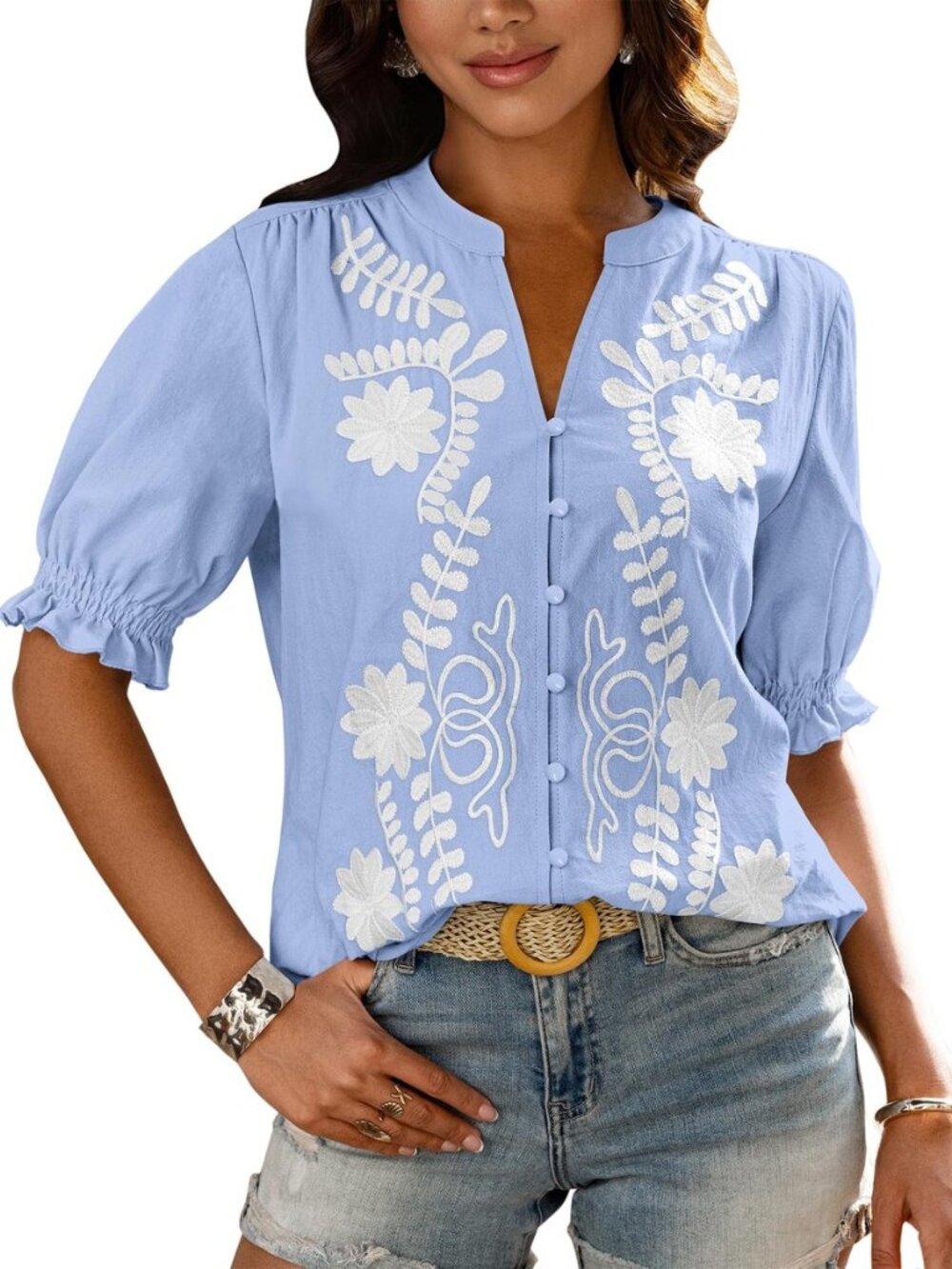 Women's 2026 Summer Tops Dressy Casual Floral Boho Embroidered Blouse